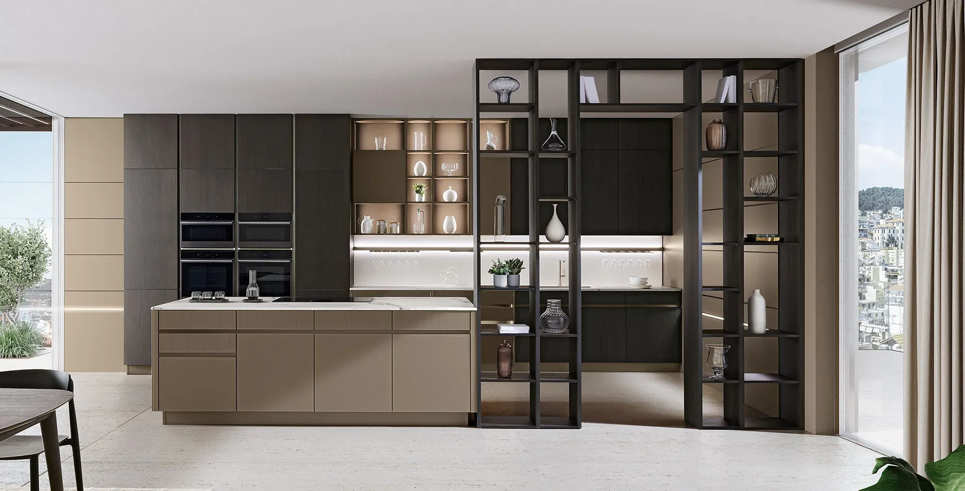Cucina contemporanea con volumi continui e dettagli integrati
